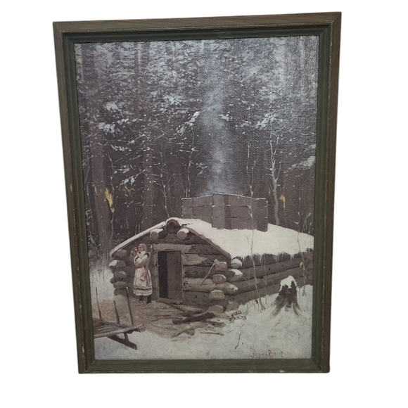 Antoine's Cabin by Frederic Remington Rustic Winter Cabin Wall Art Brown Frame - Picture 1 of 3